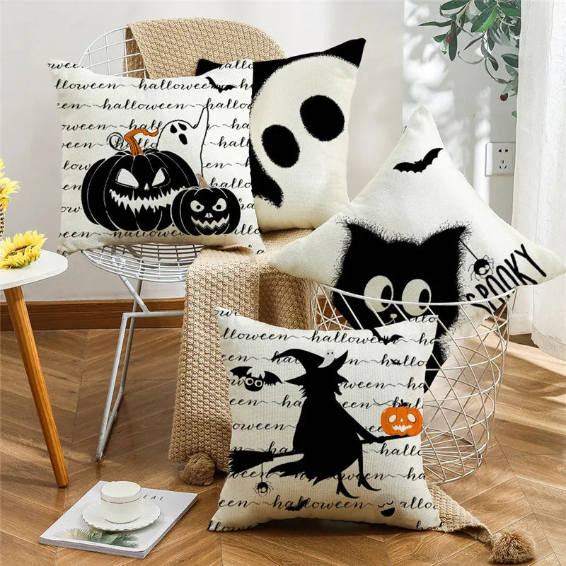 Halloween Linen Pillowcase Black Witch Ghost Print Throw Pillow Cover by Afralia™