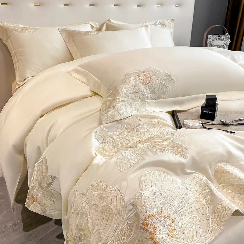 Afralia™ White Egyptian Cotton Flowers Embroidery Bedding Set | 600TC Duvet Cover, Sheet, Pillowcase
