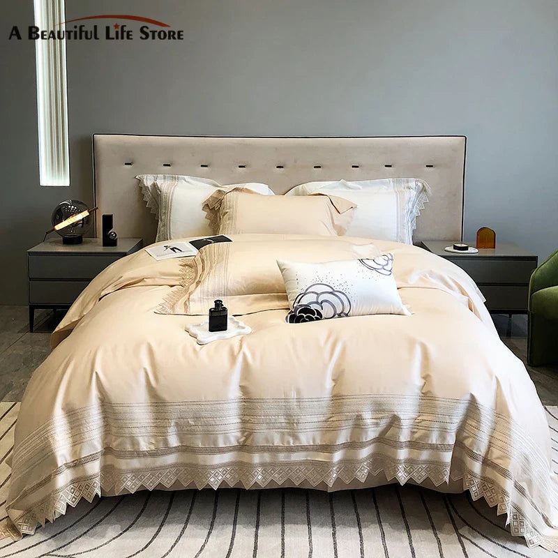 Afralia™ Champagne Embroidered Lace Bedding Set with 1000TC Egyptian Cotton Duvet Cover & Sheet