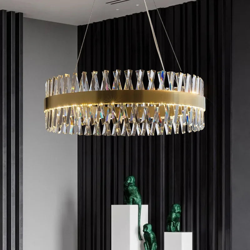 Afralia™ Brushed Gold Rings Crystal Chandelier Ceiling Lamp