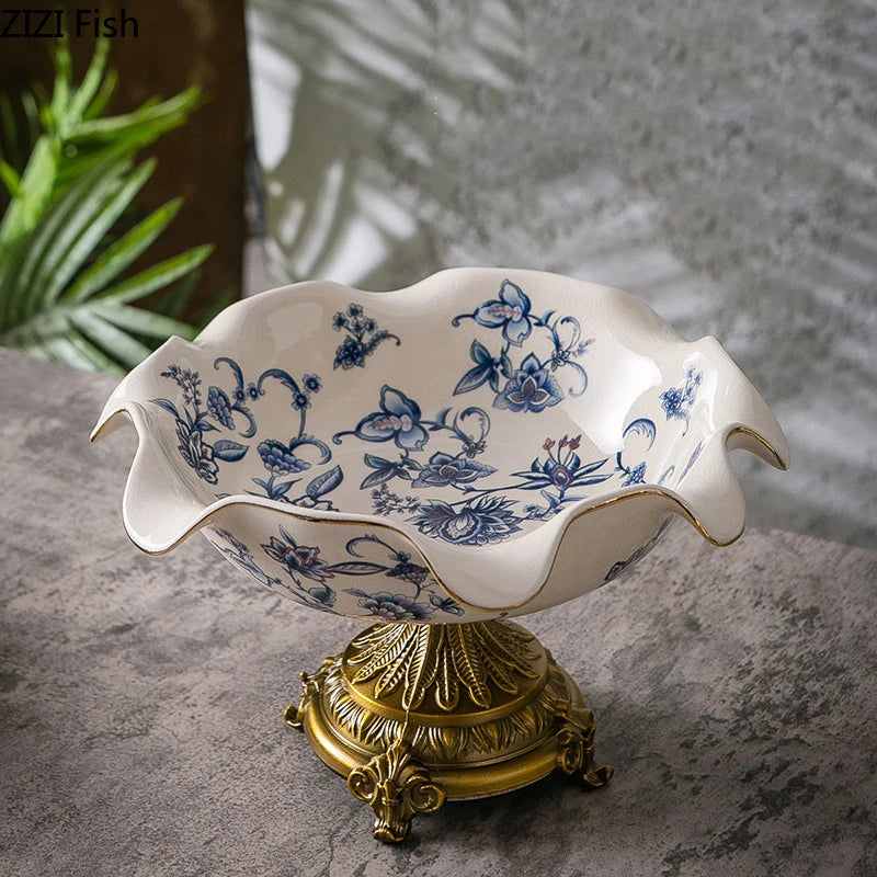 Afralia™ Blue Flower Pattern Footed Fruit Tray Dessert Plate Snack Bowl Plate