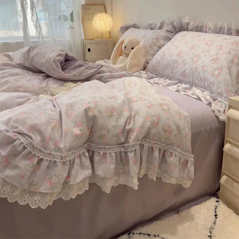 Afralia™ Princess Style Lace Ruffles Bedding Set - 100% Cotton, 3/4Pcs, Korean Design