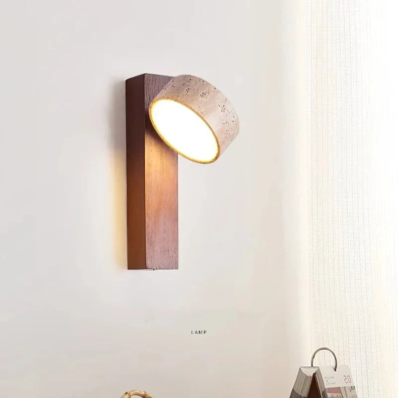 Afralia™ Yellow Travertine Wood Canopy LED Wall Light, Japan Style Bedside Lamp