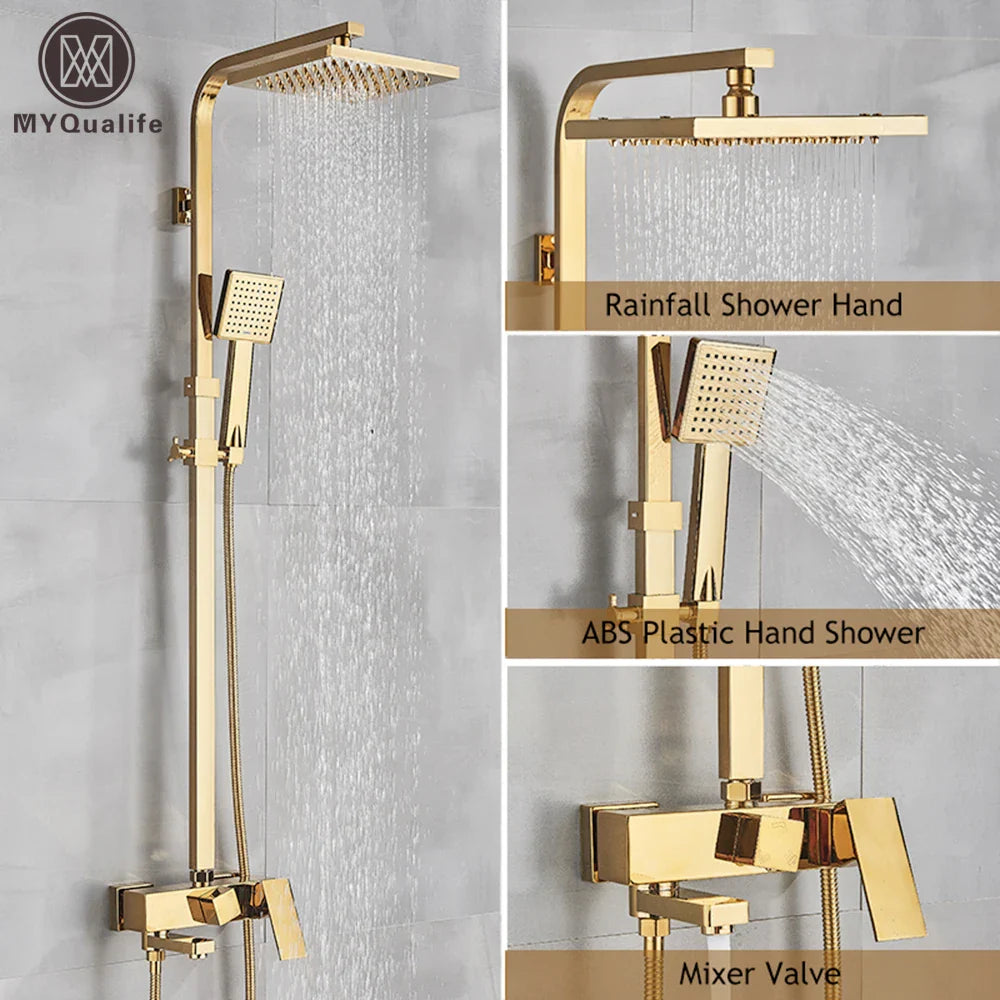 Afralia™ Copper Shower Set Faucet Wall Mounted Bathtub Shower Column 8" Rainfall Mixer