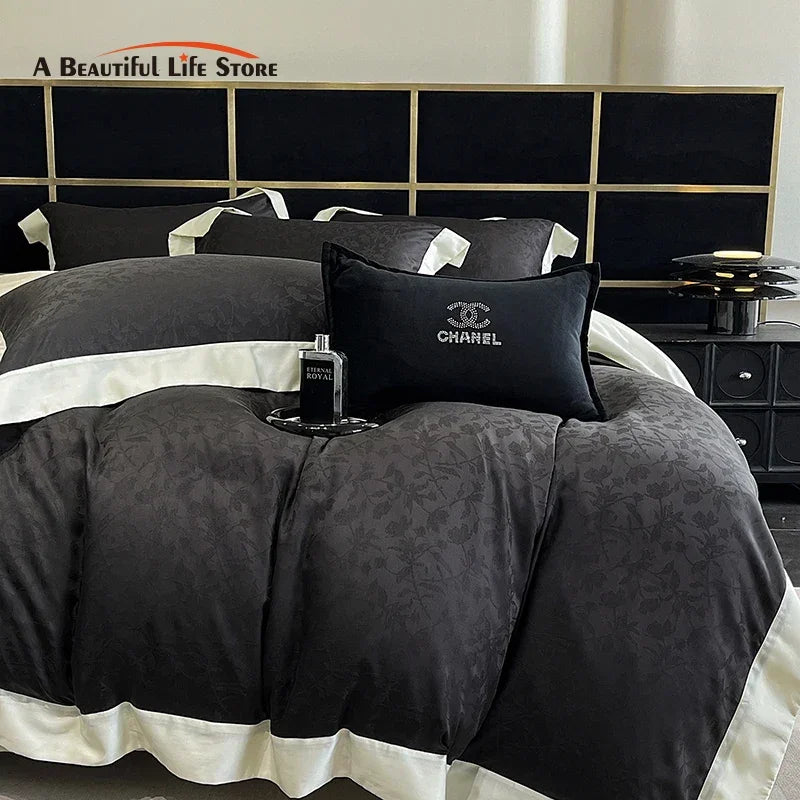 Afralia™ Luxury Black Jacquard Cotton Bedding Set with Silky Soft Texture