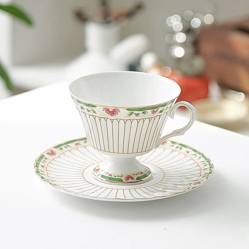 Afralia™ Gold-Striped Ceramic Cup & Saucer Set for Dining Table Coffee Milk Tea Juice