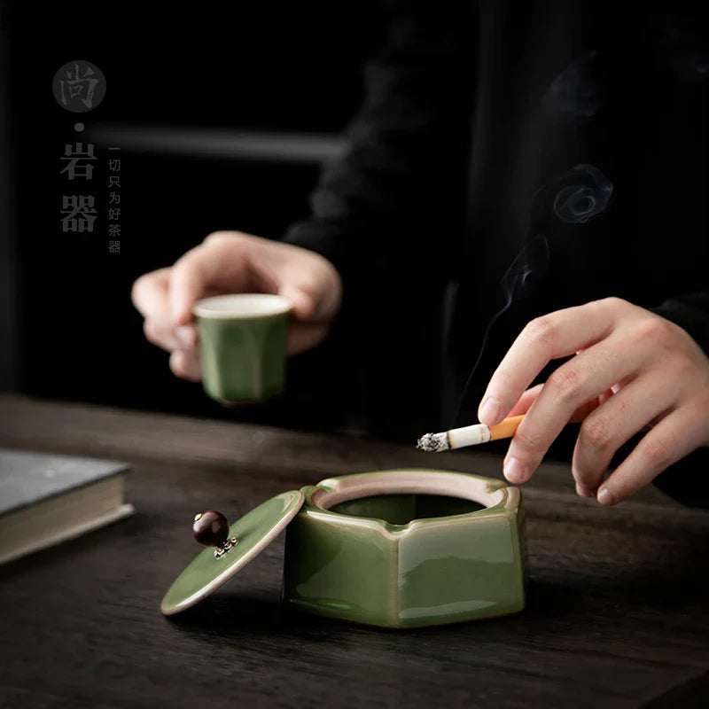 Afralia™ Geometric Green Ceramic Ashtray - Desk Decoration and Smoking Accessory