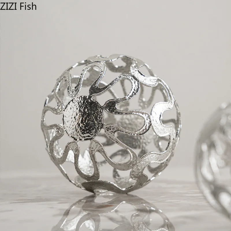 Afralia™ Silver Ball Metal Ornaments, Geometric Desk Decoration, Abstract Room Decor Craft