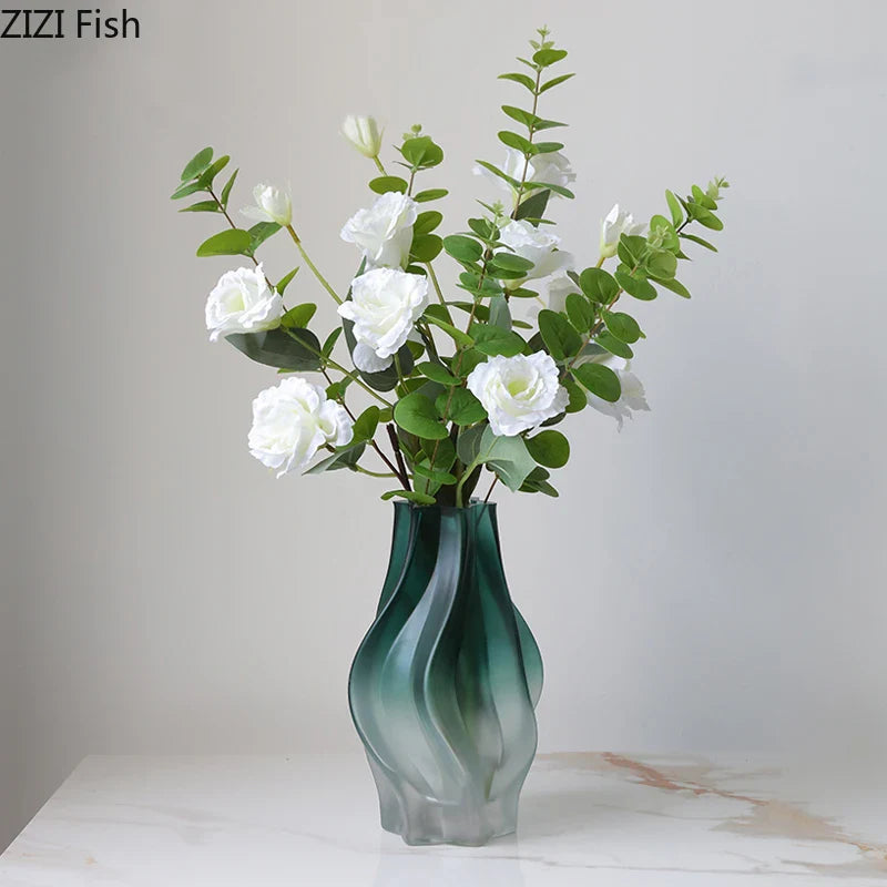 Afralia™ Green Ripple Glass Vase with Artificial Flowers for Home Decor