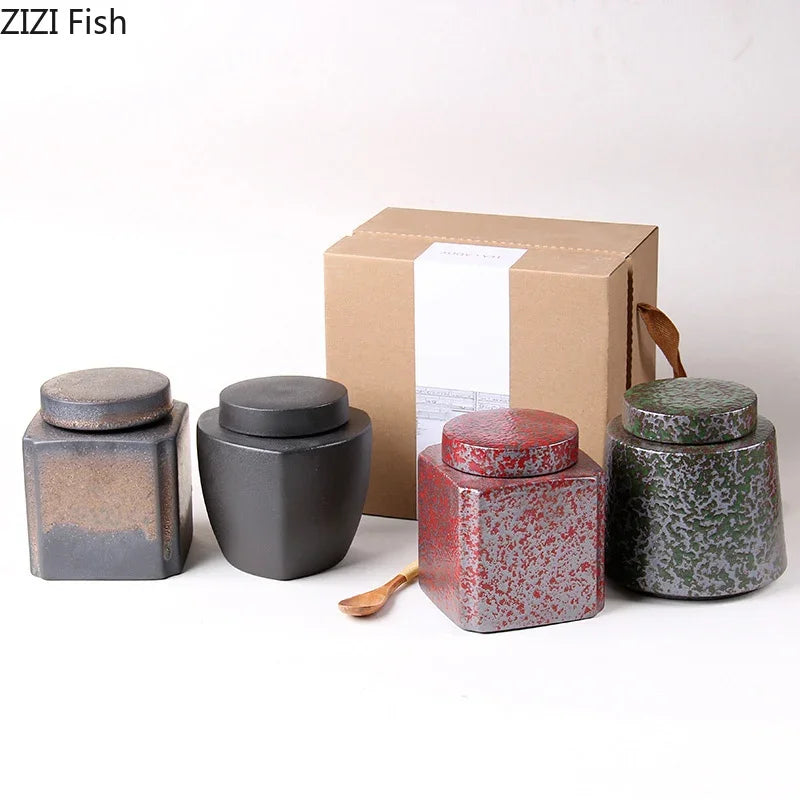 Afralia™ Ceramic Tea Canister | Sealed Coffee Storage Jar | Rough Pottery Tea Caddy