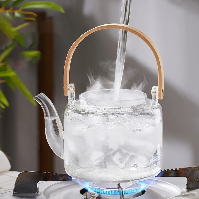 Afralia™ Glass Tea Pot With Bamboo Handle and Double Filter Liner