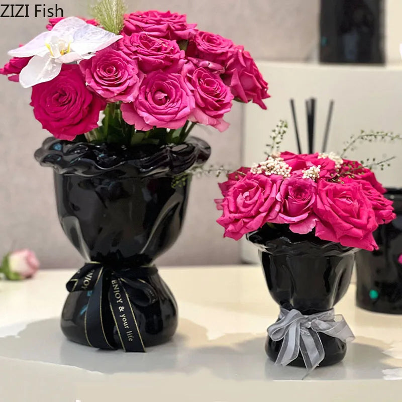 Afralia™ Ceramic Vase with Artificial Flowers Bouquet for Desk and Room Decoration