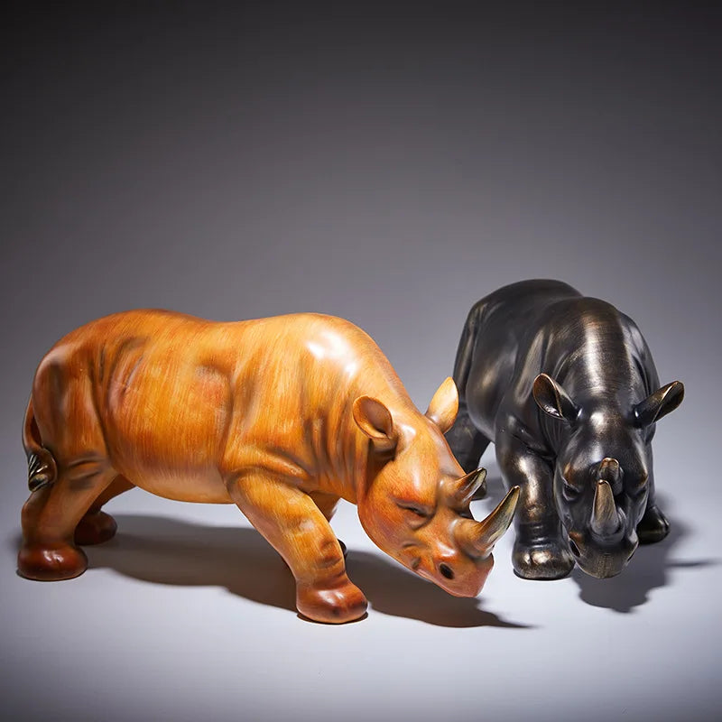 Afralia™ Wood-grain Rhinoceros & Hippopotamus Sculptures Home Decor Figurines