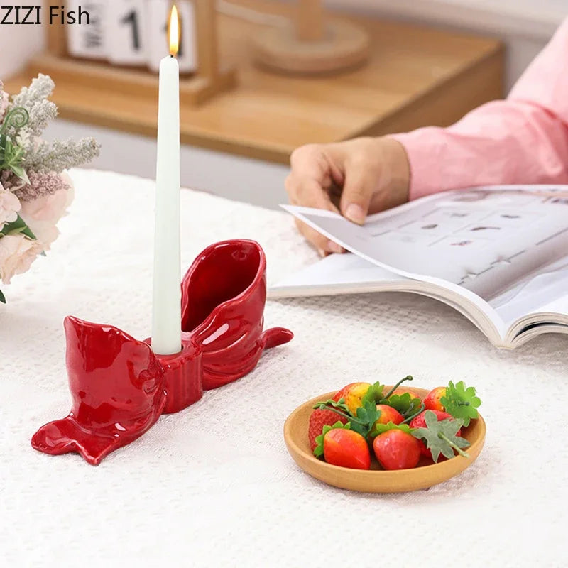 Afralia™ Bowknot Ceramic Candle Holder Desk Decoration Romantic Candlestick Aesthetic Decor