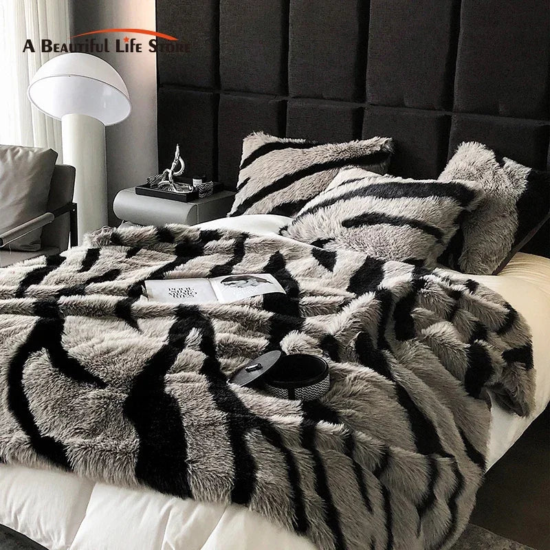 Afralia™ Zebra Print Faux Fur Blanket - Luxurious Bed Linen, Fox Fur Throw, Sofa Plaid