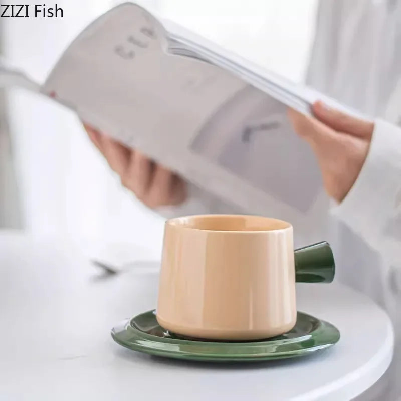 Afralia™ Minimalist Green Ceramic Tea Cup and Saucer Set - Coffee & Tea Mug