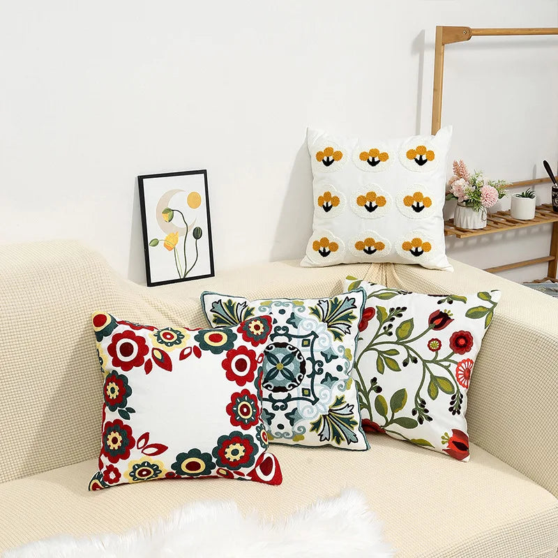 Afralia™ Floral Embroidered Canvas Cushion Cover 45*45 for Luxury Home Decor