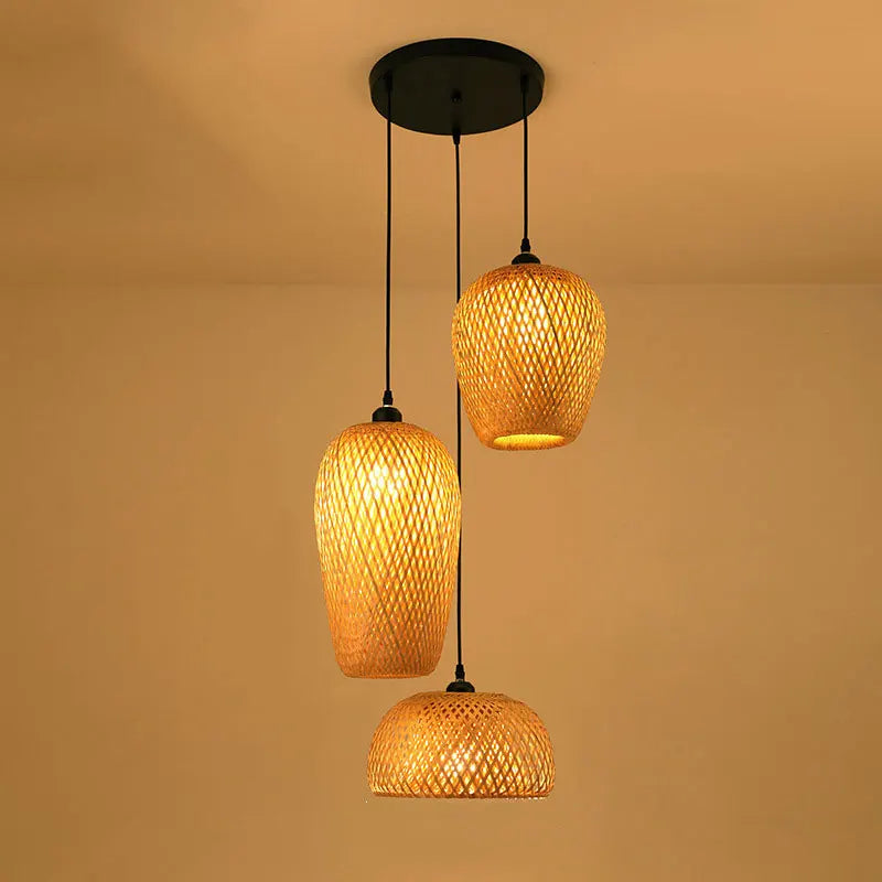 Afralia™ Rattan Bamboo LED Pendant Light | Vintage Woven Chandelier for Home Dining Kitchen
