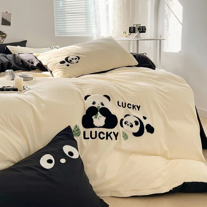 Afralia™ Panda Jacquard Cotton Bedding Set - Soft Double Color Washed Four Piece Bed Set
