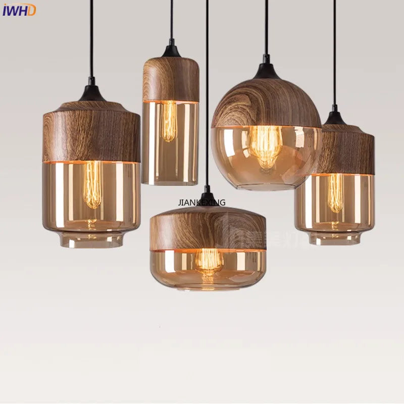 Afralia™ Wood Color Glass LED Pendant Light for Bedroom Dinning Living Room