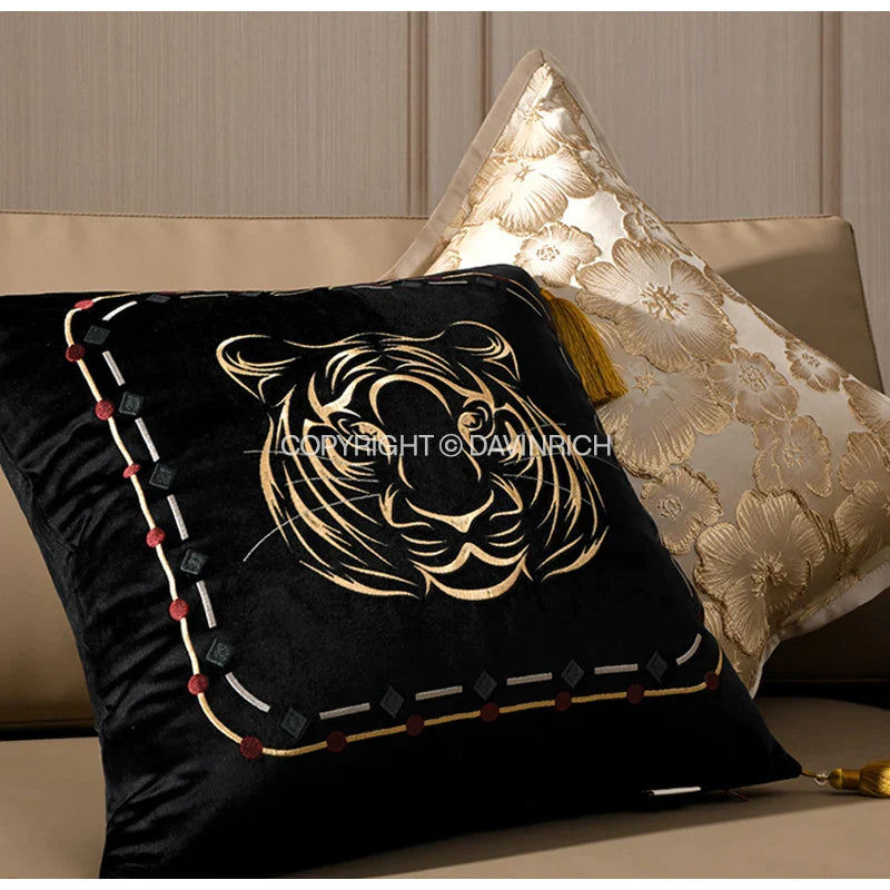 Afralia™ Tiger Head Embroidered Throw Pillow Cover 45x45 Hand Stitched Animal Cushion Case