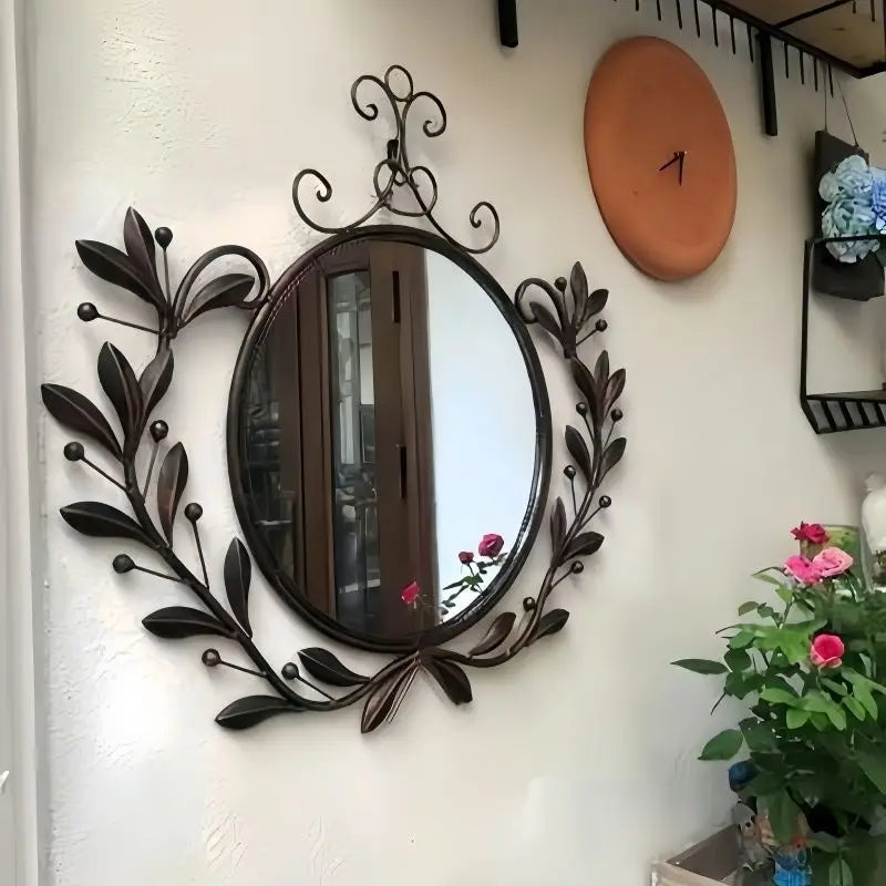 Afralia™ Wrought Iron Retro Light Luxury Wall-Mounted Mirror for Bathroom & Makeup