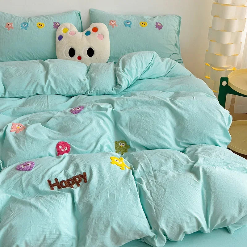 Afralia™ Cartoon Towel Embroidery Bedding Set in Soft Washed Cotton for Kids
