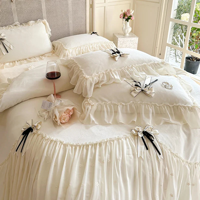 Afralia™ Lace Ruffles Princess Bedding Set, Velvet Duvet Cover, Plush Bed Sheet, Pillowcases