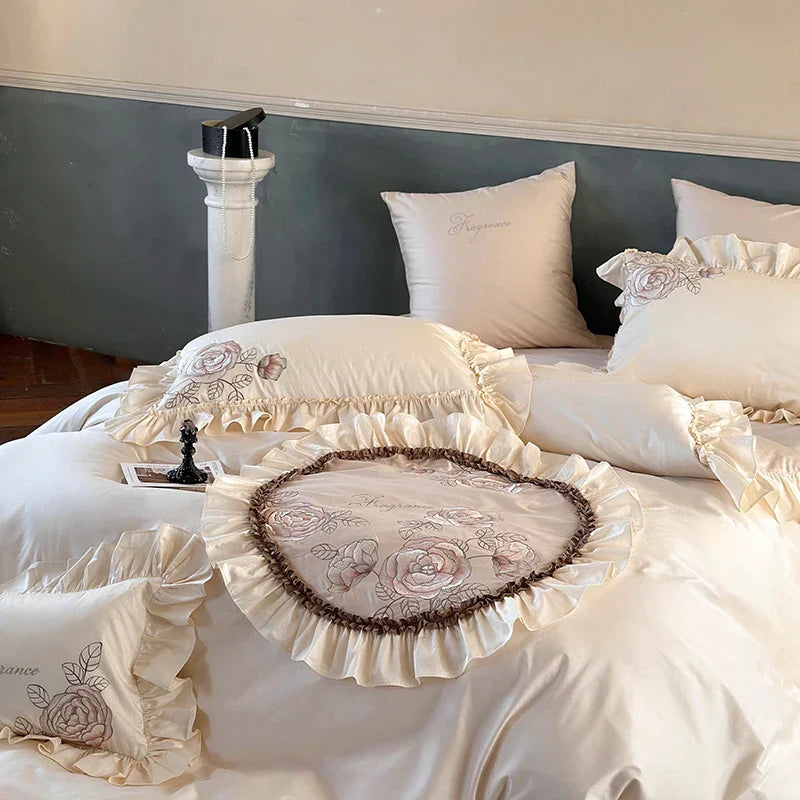 Afralia™ Luxe Rose Flowers Embroidery Bedding Set 1000TC Egyptian Cotton Queen King