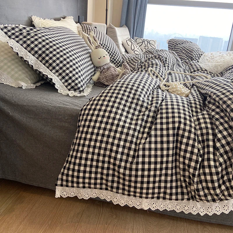 Afralia™ Vintage Lace Cotton Quilt Cover Set, Plaid Design, Black & White, 4Pcs