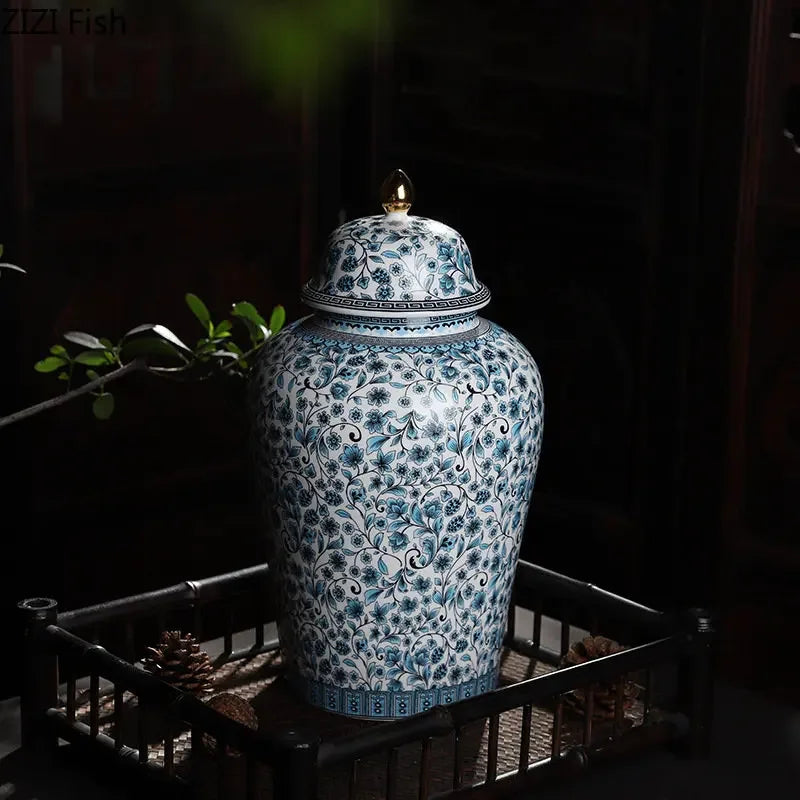 Afralia™ Blue White Ceramic Enamel General Jar Tea Canister Desk Flower Texture Pot