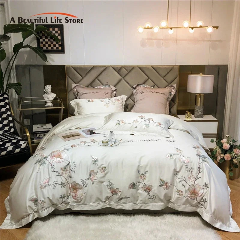 Afralia™ Luxury Bloom Flowers Embroidered Grey White Bedding Set