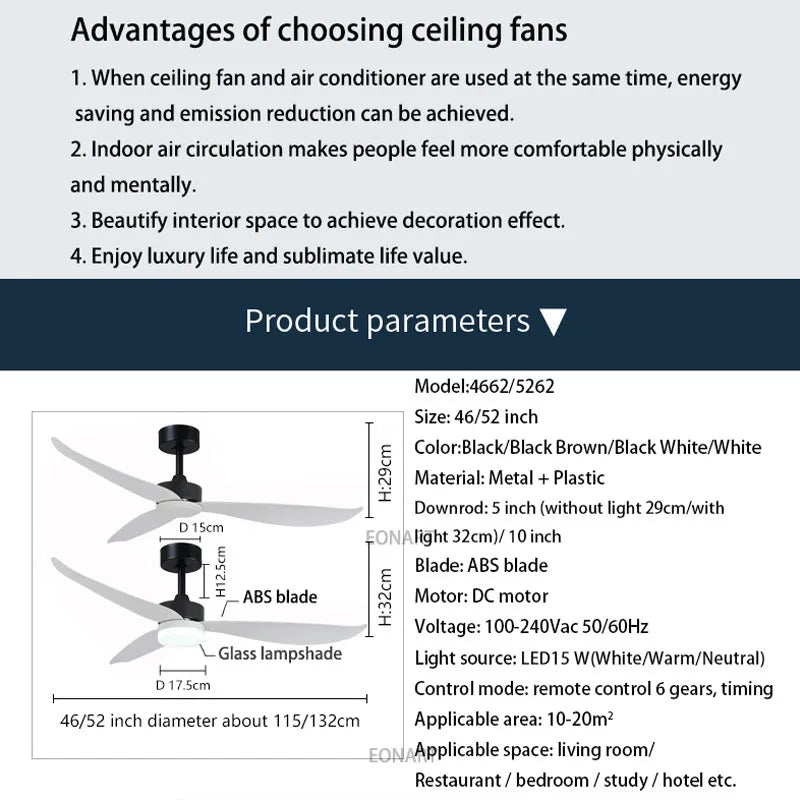 Afralia™ 46" Plastic Blade Ceiling Fan with Remote Control for Living Room
