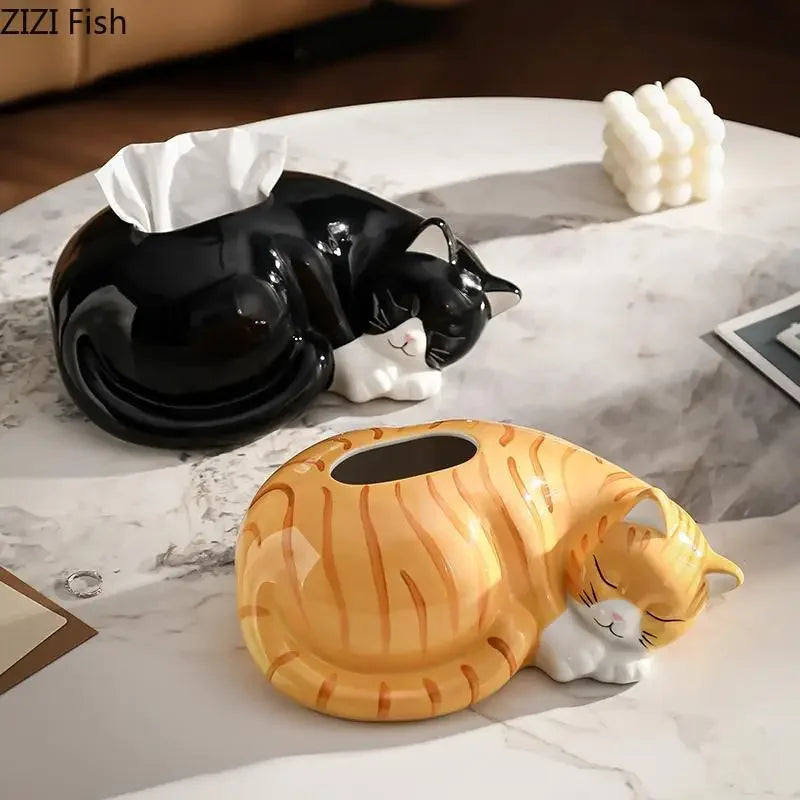 Afralia™ Ceramic Cat Tissue Box - Desk & Bedside Table Decoration