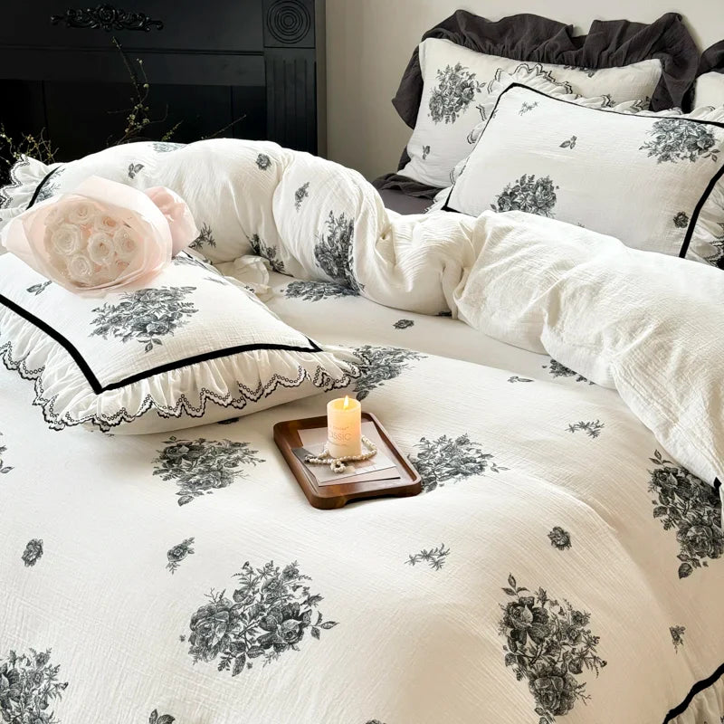 Afralia™ Ruffled Embroidery Cotton Bedding Set: Duvet Cover, Sheet Set, Pillowcase