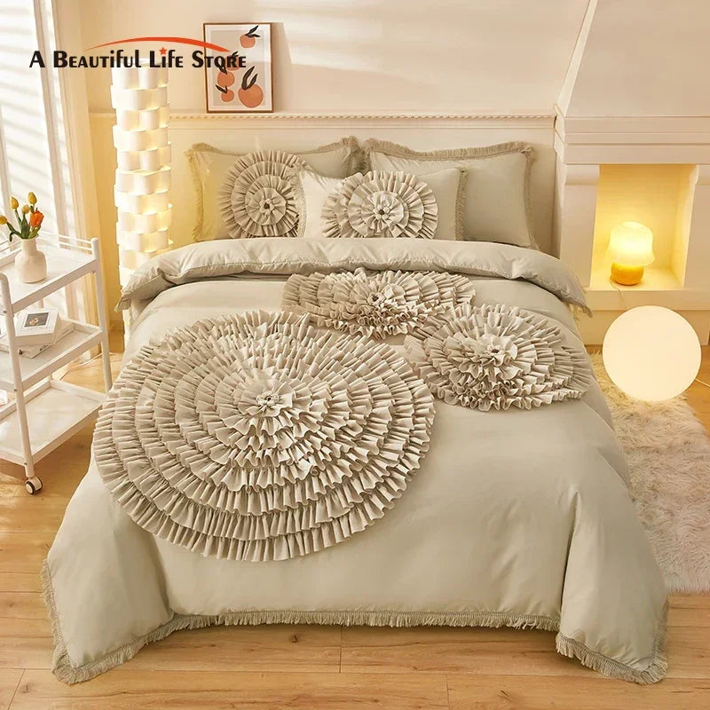 Afralia™ Brushed Cotton Flower Embroidery Bedding Set with Stereoscopic Handwork