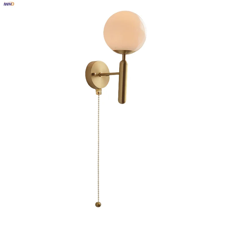Afralia™ White Glass LED Wall Sconce with Pull Chain Switch, Modern Copper Base Mirror Light