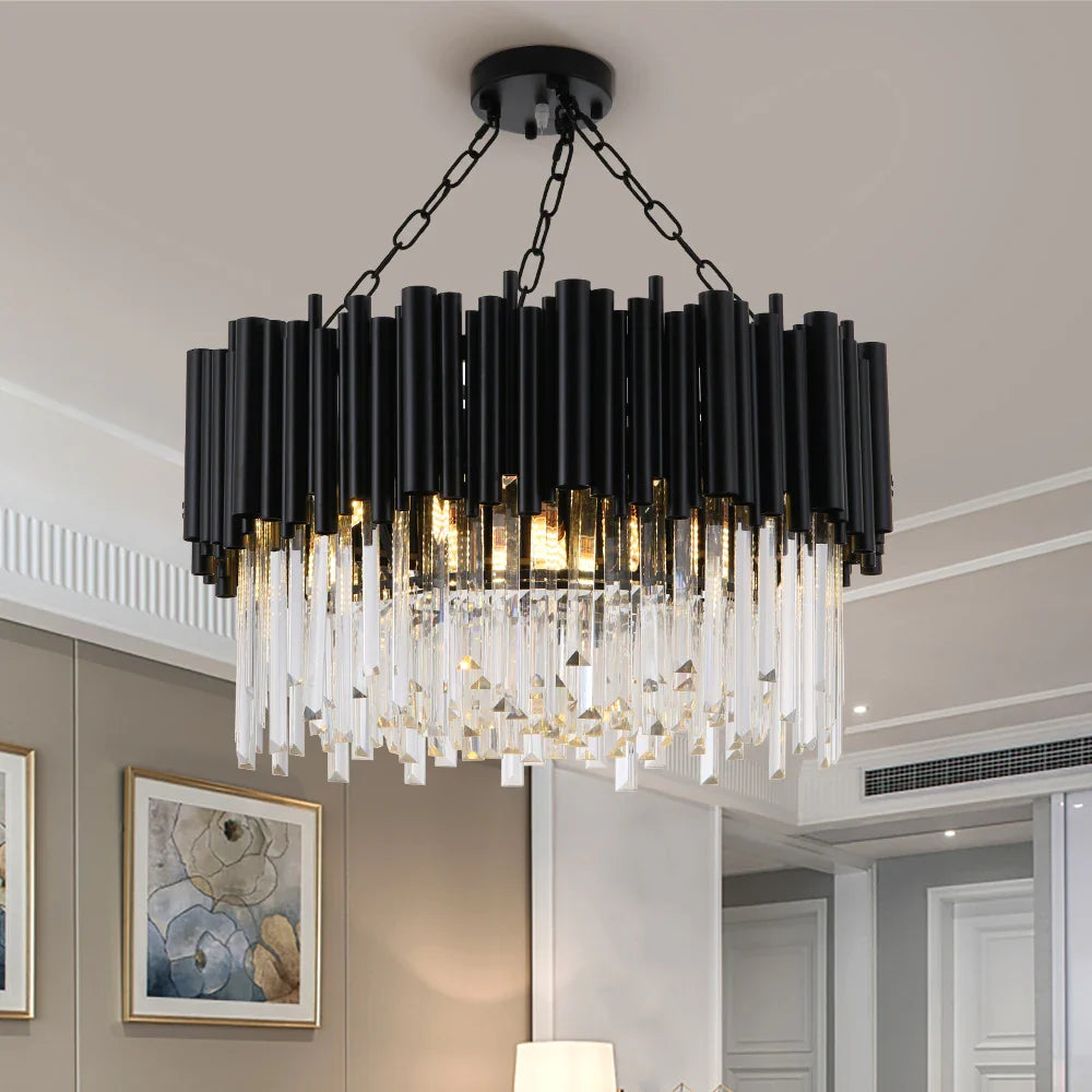 Afralia™ Black Stainless Steel Crystal Bar Chandelier, Modern LED Ceiling Light for Living Room