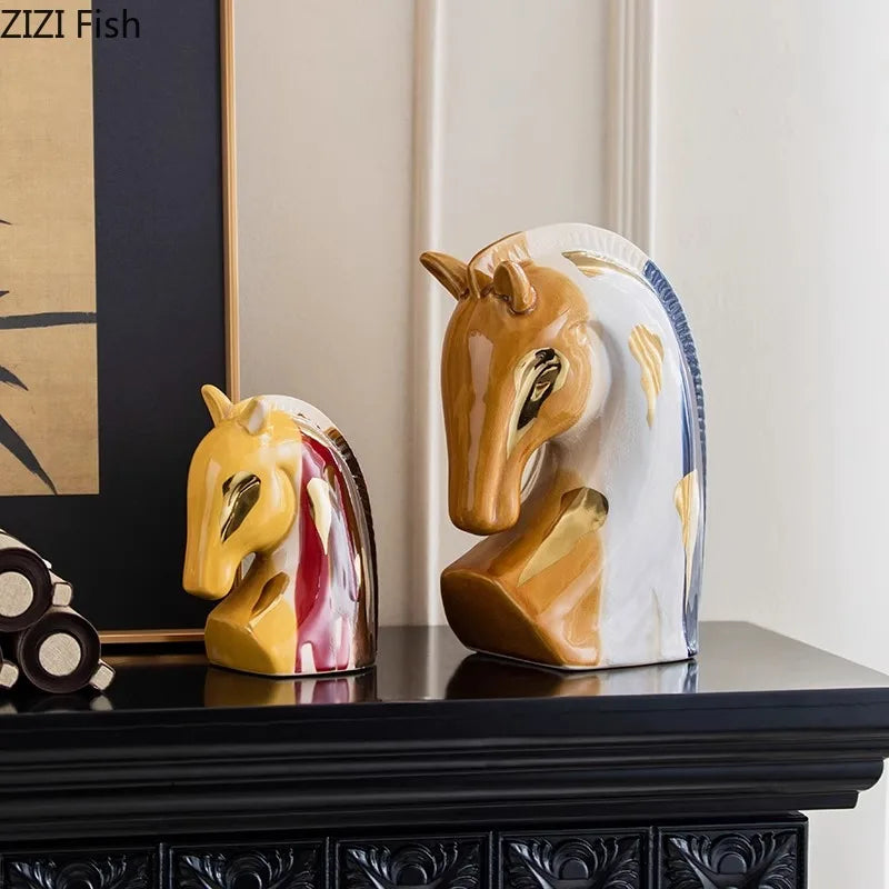 Afralia™ Ceramic Horse Sculpture Gold Plated Desk Ornament Aesthetics Decor