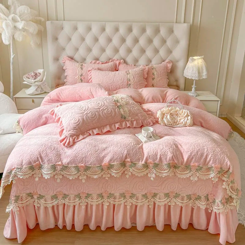 Afralia™ Pink Flowers Lace Ruffles Princess Velvet Bedding Set