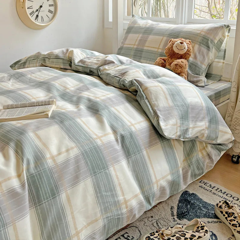 Afralia™ Cotton Grid Pattern Bedding Set with Duvet Cover & Pillowcases for Double Bed