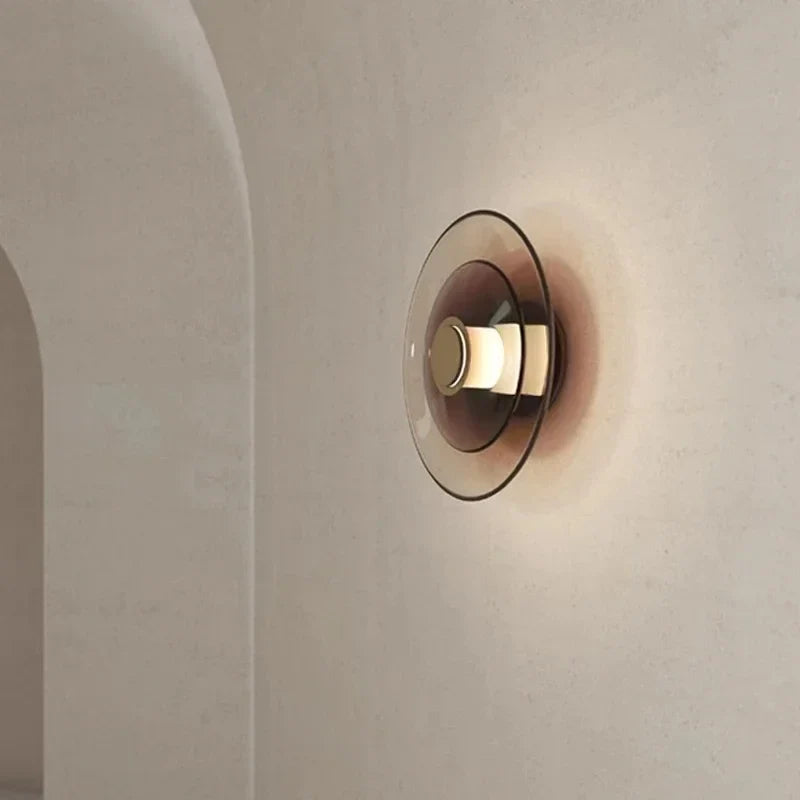 Afralia™ Amber Glass Disc Wall Lamp LED Modern Minimalist Sconce Lighting