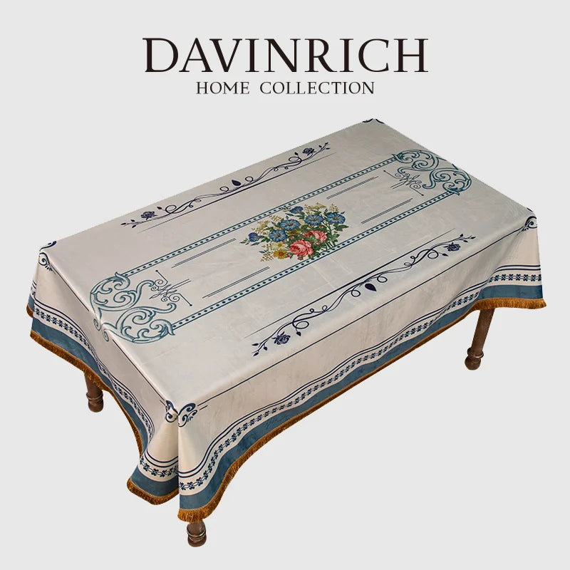 Afralia™ Mediterranean Blue & White Ceramic Print Velvet Tablecloth