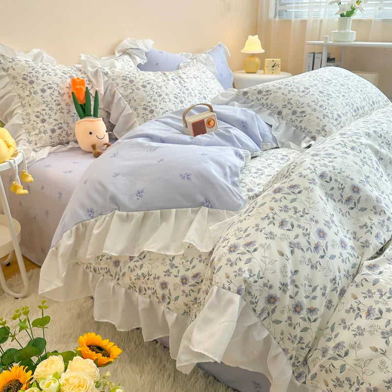 Afralia™ Korean Princess Floral Ruffles Bedding Set: Single/Queen Duvet, Cover, & Pillowcases