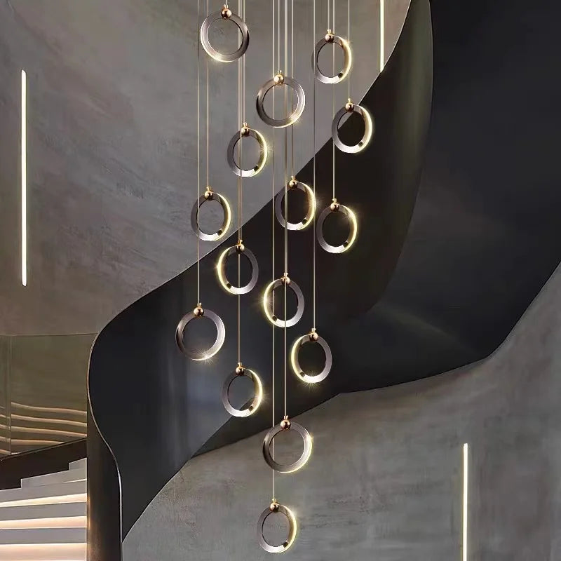 Afralia™ Aluminum LED Chandelier Crystal Round Hanging Lamps Luxury Staircase Lighting Fixtures