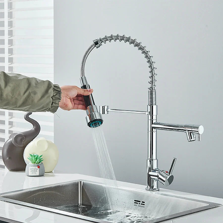 Afralia™ Dual Spout Brass Kitchen Sink Faucet with 360° Rotation - Chrome