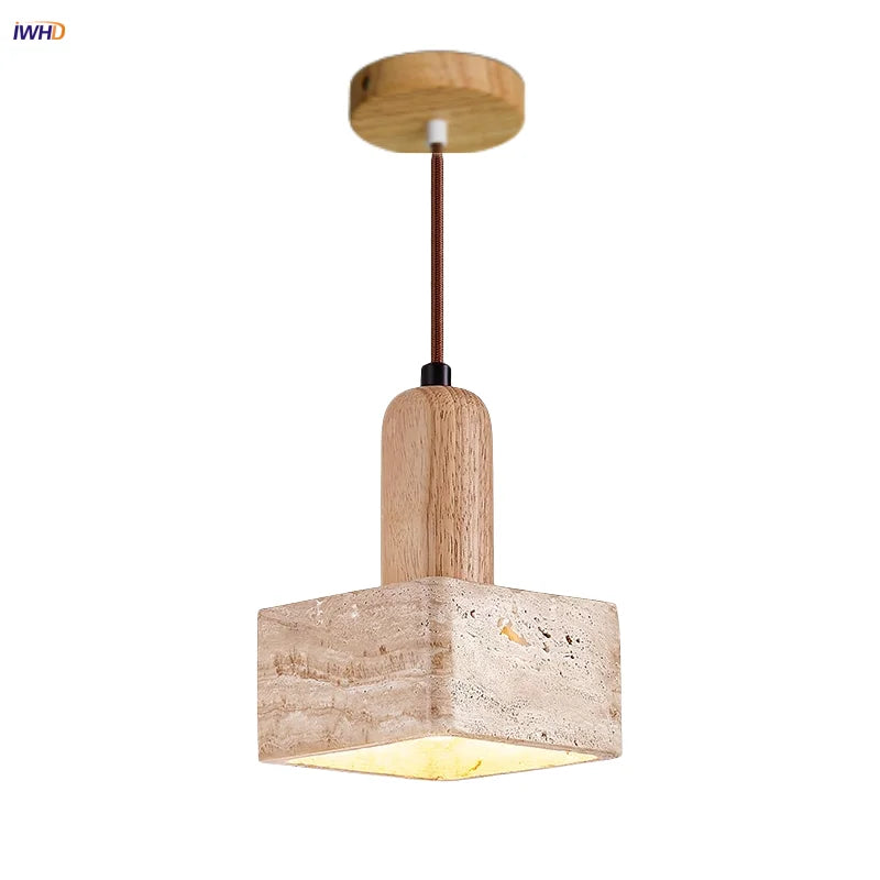 Afralia™ LED Pendant Lamp Yellow Travertine Stone Wood Nordic Modern Hanging Light