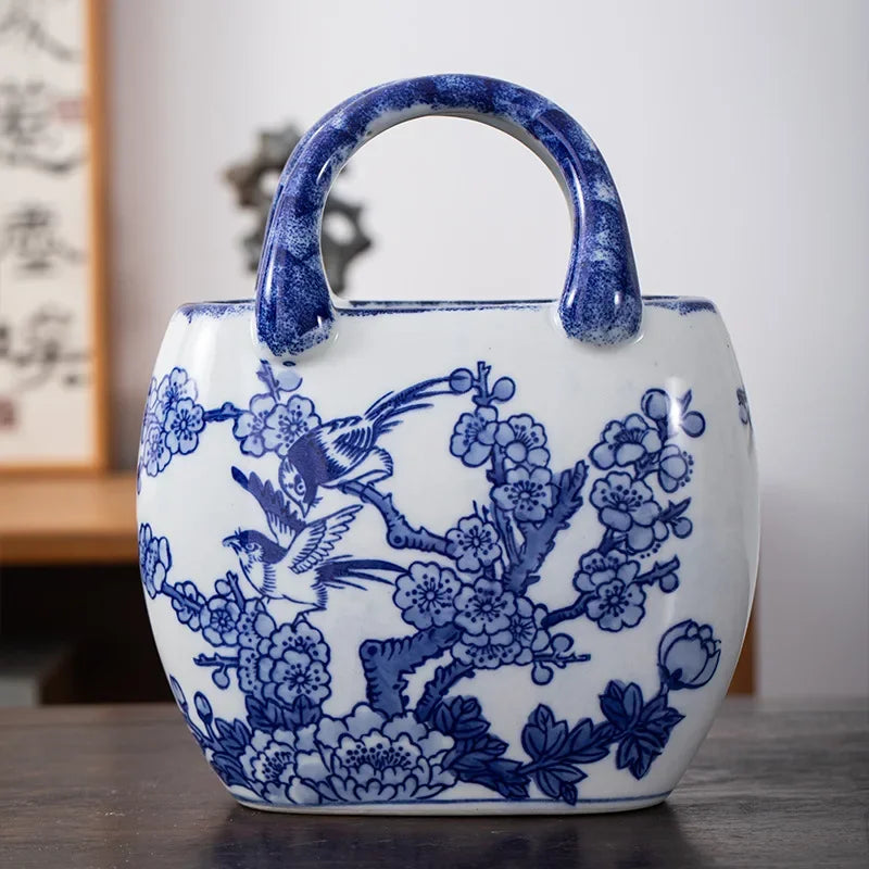 Afralia™ Ceramic Vase Handbag: Blue & White Porcelain Flower Vase Art Craft, Chinese-style Decor