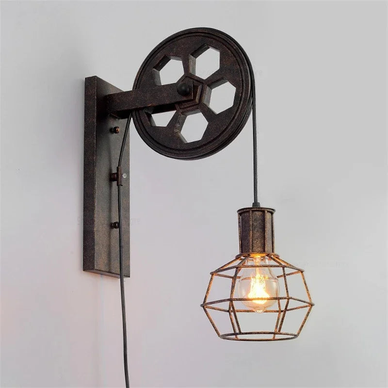Afralia™ Wrought Iron Pulley Wall Lamp for Home Bedroom Sconce Lighting Fixture E27