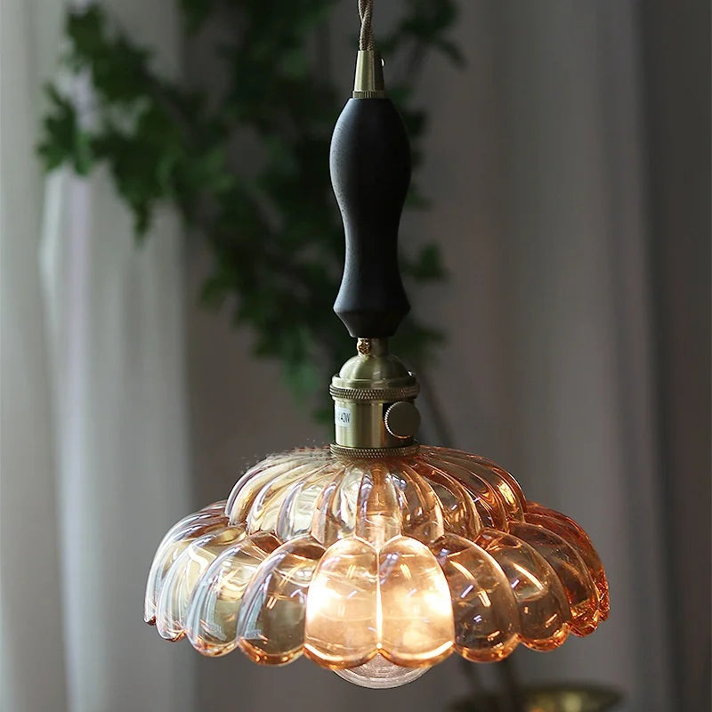 Afralia™ Amber Glass Walnut Wood LED Pendant Lamp with Copper Knob Switch